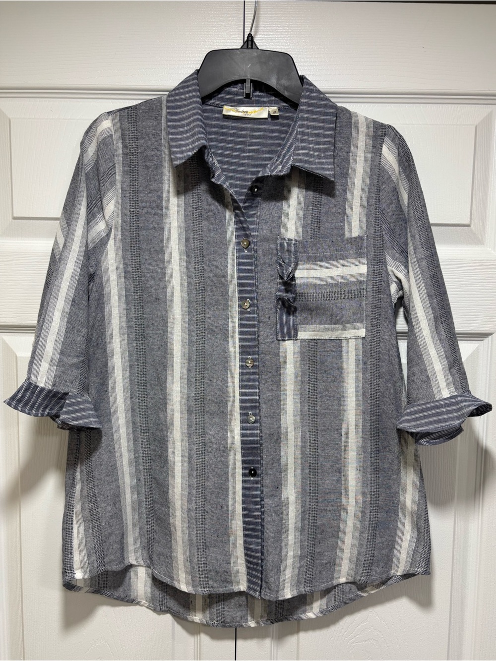 Linen Blend Striped Button Front Shirt Small Coastal Cottage